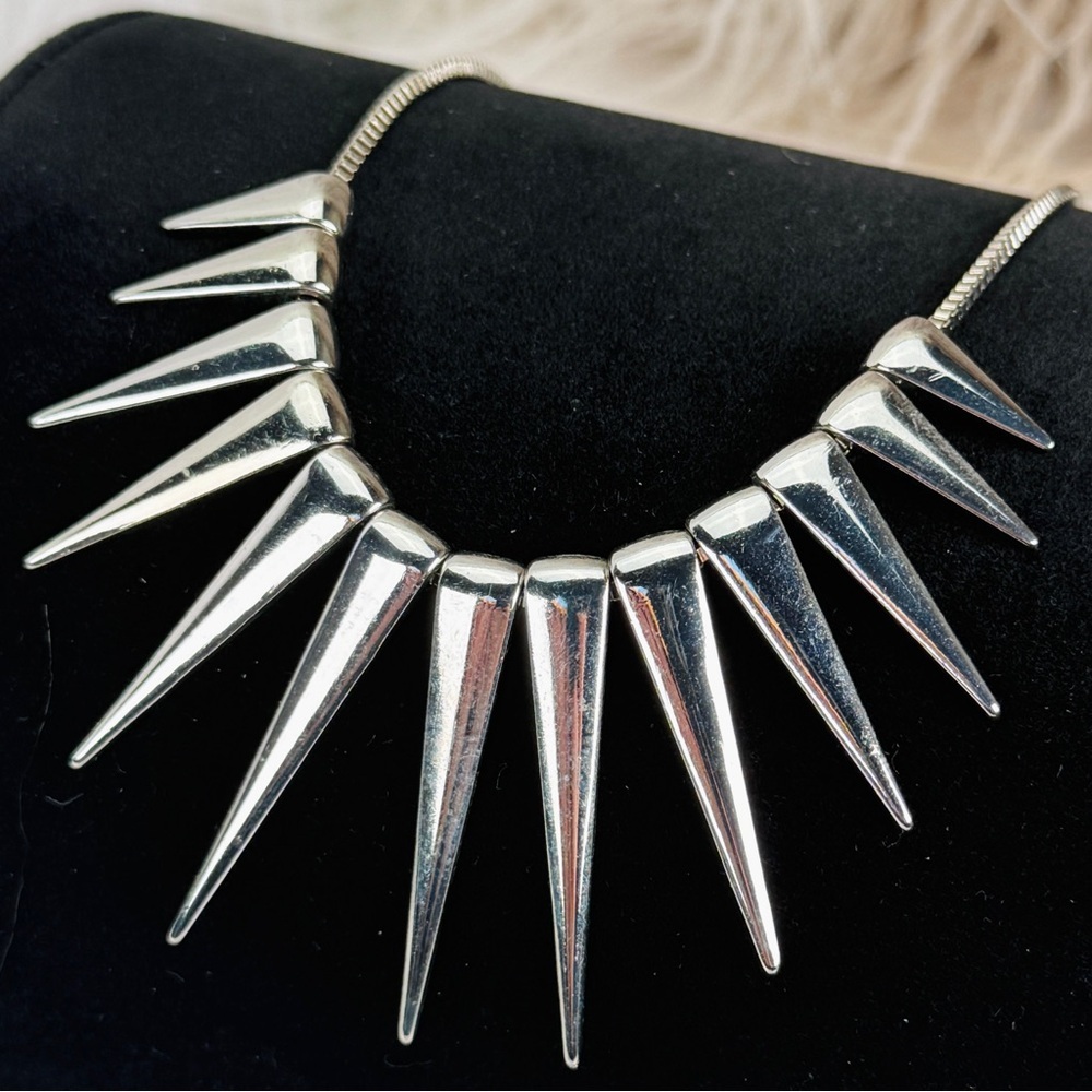 Vintage weighted, aged Silvertone spiked costume statement necklace